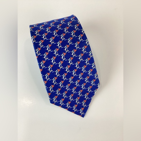 Salvatore Ferragamo Red and Blue Dog on Sailboat Silk Tie - Picture 3 of 12
